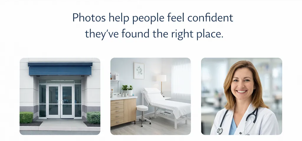 Example photos for local SEO showing a clinic entrance, treatment room, and practitioner photo to build trust and confidence for healthcare patients.