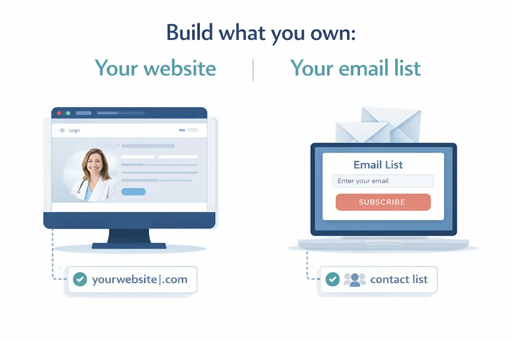 Illustration showing the importance of building what you own in marketing, with a healthcare website and an email list as long-term digital assets.