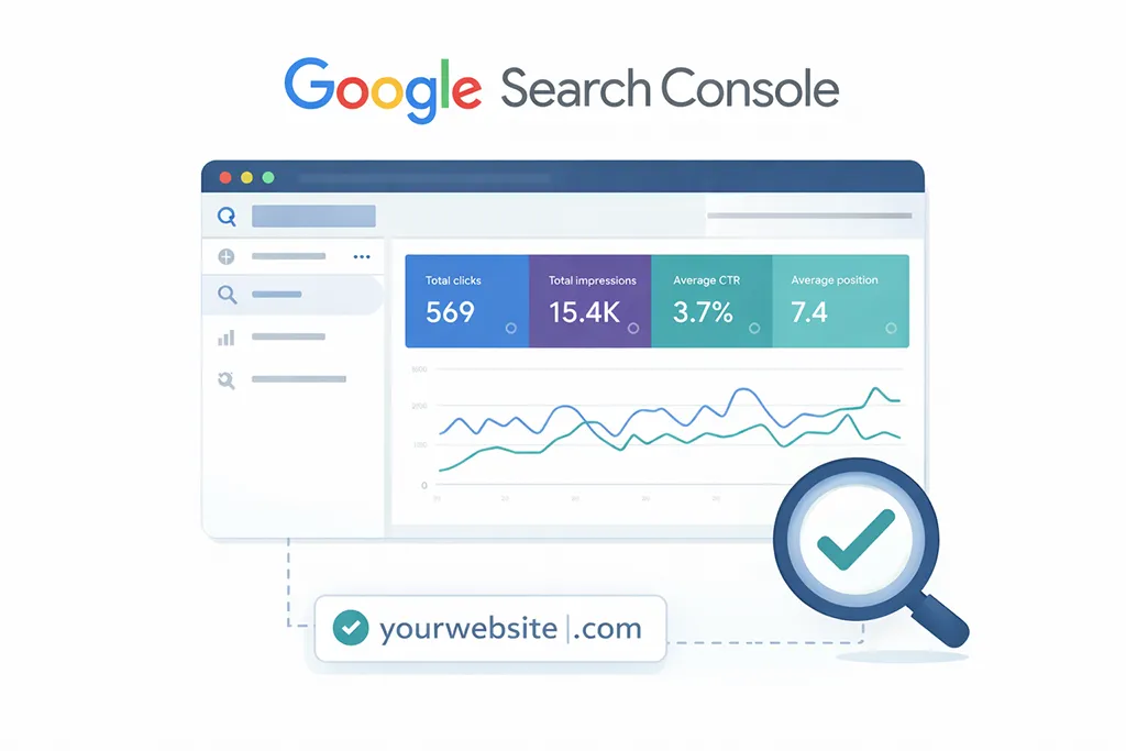 Google Search Console dashboard illustration showing website search performance data, including clicks, impressions, and average position.