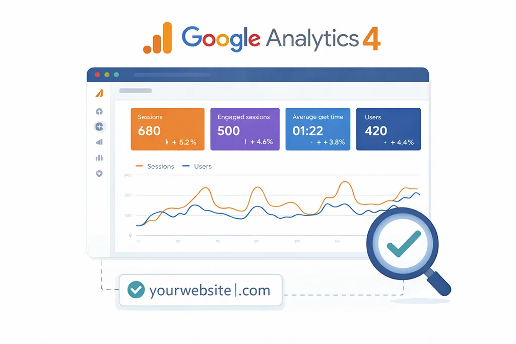 Google Analytics 4 dashboard illustration displaying website traffic and user engagement data for performance tracking.