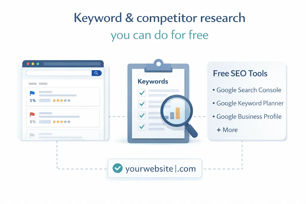 Graphic illustrating free keyword and competitor research for local SEO, including search results analysis, keyword lists, and free Google SEO tools.