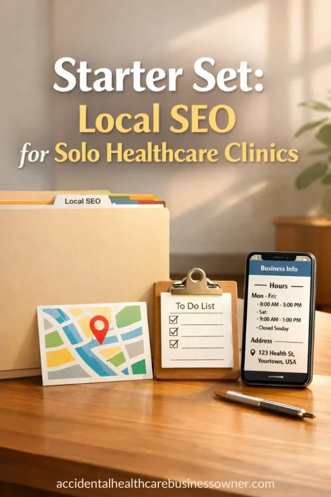 Desk with a folder with tab dividers labeled “Local SEO”, a printed mini “map” card, a small checklist clipboard, and a phone showing a “business info” screen. Text says: Starter Set: Local SEO for Solo Healthcare Clinics