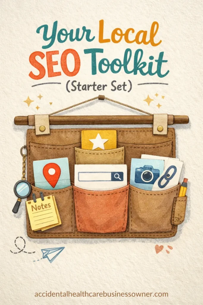A tool belt illustration with pockets holding simple icon cards - map pin, search bar, star, camera, link. Text says: Your Local SEO Toolkit (Starter Set)