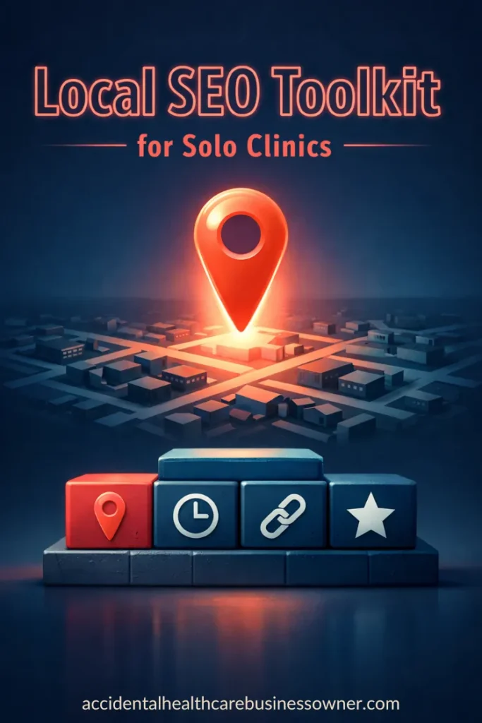 Blocks labeled with tiny icons (pin, clock, link, star); above them floats a glowing local pin beacon over a simplified neighborhood grid. Text says: Local SEO Toolkit for Solo Clinics