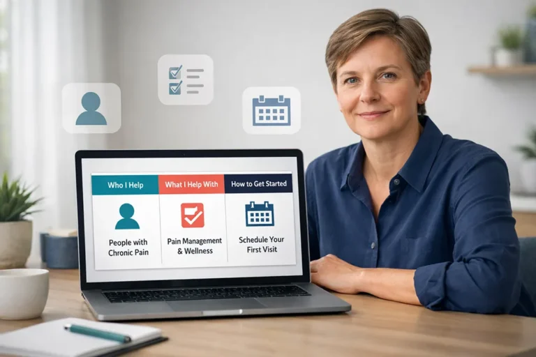 Clinician sitting at a desk with a laptop showing a clear clinic website layout outlining who they help, what they help with, and how to get started.