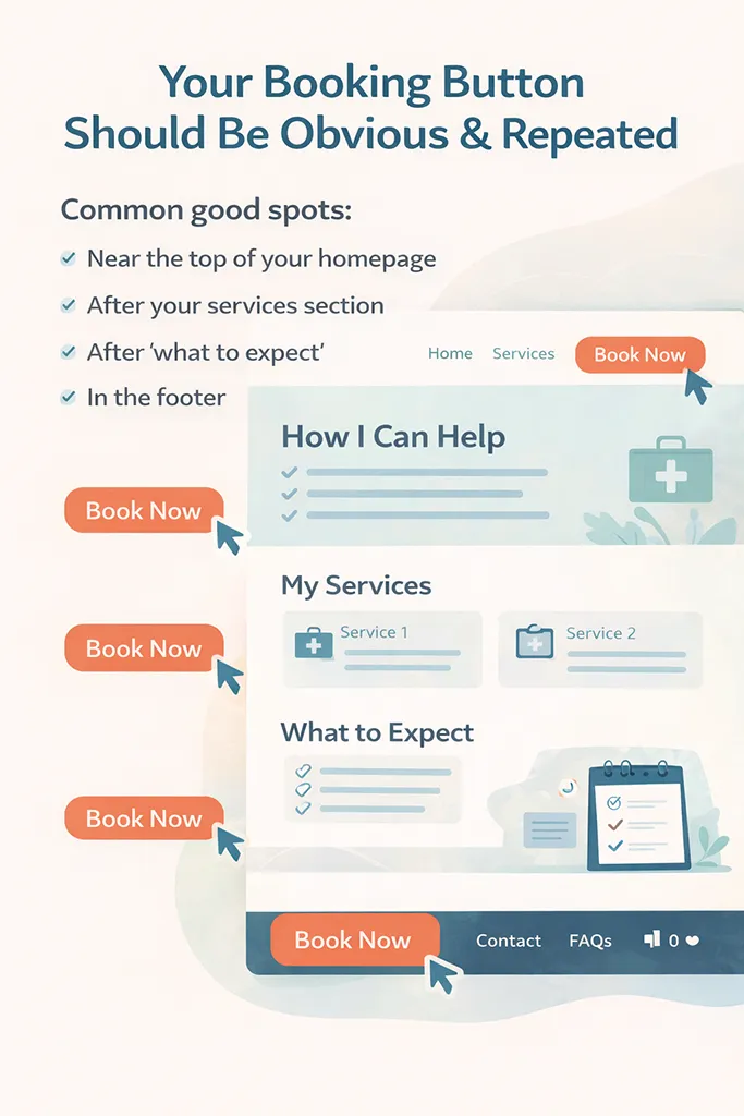 Website infographic for a solo healthcare clinic demonstrating clear and repeated Book Now button placement to improve online appointment bookings.