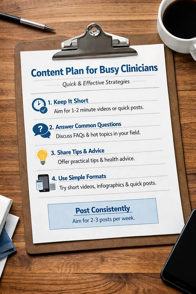 Simple content plan for busy healthcare clinicians outlining quick content ideas, common questions, practical tips, and consistent posting habits.