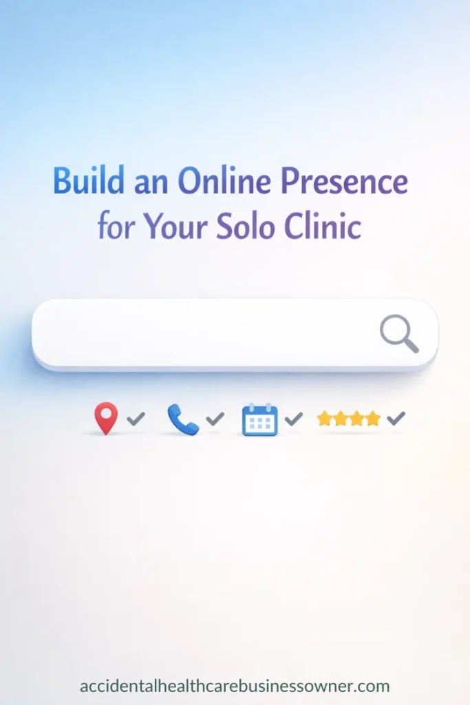 An oversized search bar floating on a soft background, with small icons beneath (map pin, phone, calendar, star rating) arranged neatly like a simple checklist. Text says: Build an Online Presence for Your Solo Clinic