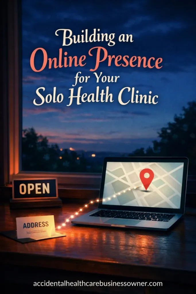 A softly glowing open laptop with a simple map + pin illustration on screen, next to a small desk sign that says “OPEN”, and a subtle trail of light dots leading from a paper “address card” to the laptop, symbolizing being findable. Text says: Building an Online Presence for Your Solo Health Clinic