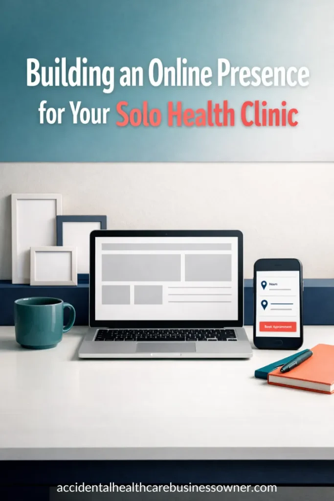 A laptop showing a minimalist homepage, a phone beside it with a profile card layout. Text says: Building an Online Presence for Your Solo Health Clinic