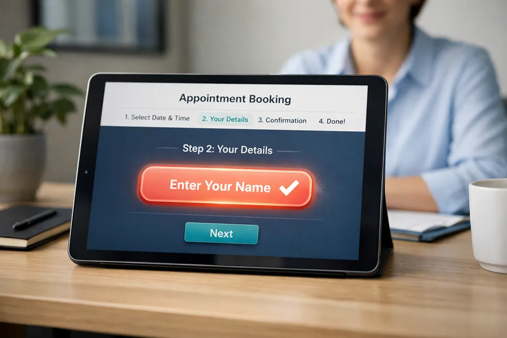 A streamlined online appointment booking interface highlighting a simplified form step, representing reduced friction in client scheduling for a solo health practice.