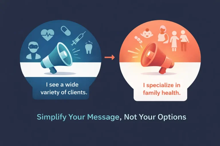 Side-by-side illustration of general versus niche healthcare positioning, demonstrating how simplifying your message—rather than limiting services—improves client attraction.
