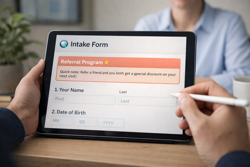 Tablet displaying a client intake form with a highlighted referral program message, illustrating how to introduce referrals early in the client onboarding process for a solo health practice.