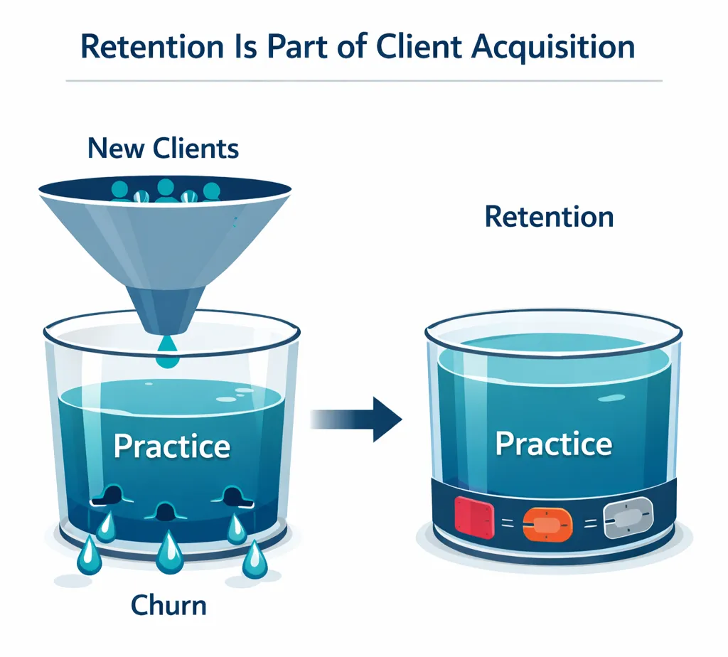 Side-by-side illustration of a practice losing clients through churn versus retaining clients by fixing leaks, emphasizing that retention is a core client acquisition strategy.