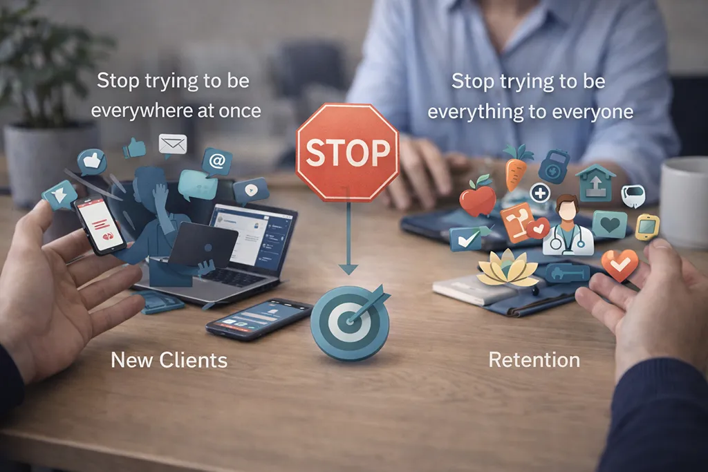 Scene comparing distraction and overload with intentional focus, reinforcing the idea that solo health practices grow by narrowing attention instead of chasing every opportunity.