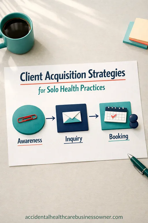 A minimalist “pipeline” drawn on a sheet (Awareness → Inquiry → Booking), with small objects placed on each stage (paperclip, envelope, calendar icon card, tiny token). Text says: Client Acquisition Strategies for Solo Health Practices