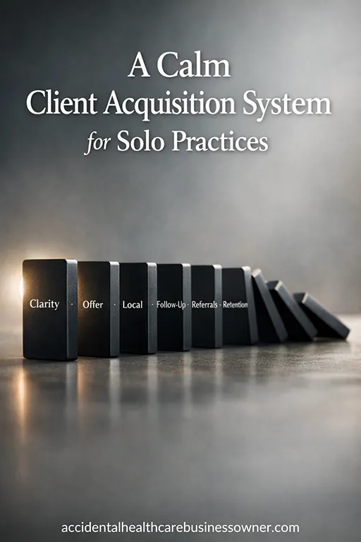 Standing domino tiles in a line, each tile labeled with a single word (Clarity, Offer, Local, Follow-Up, Referrals, Retention). Text says: A Calm Client Acquisition System for Solo Practices