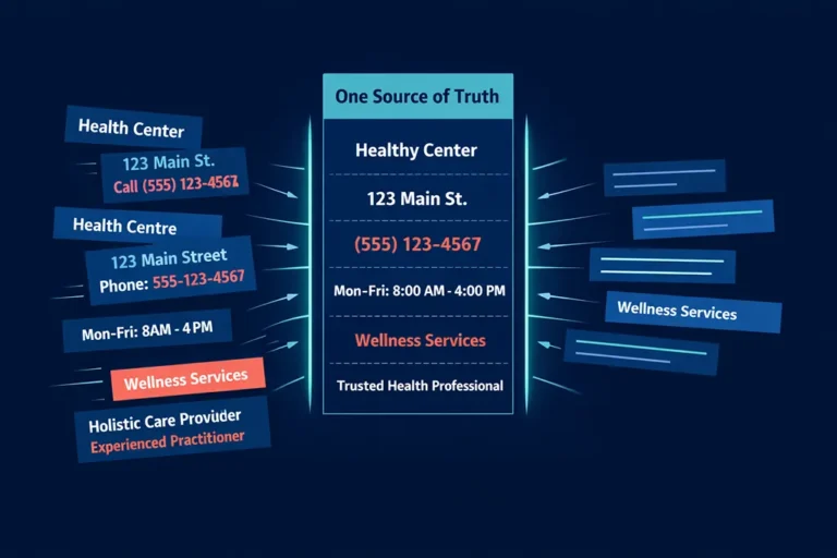 Visual showing scattered practice details consolidated into one source of truth, emphasizing consistency before optimizing a Google Business Profile.