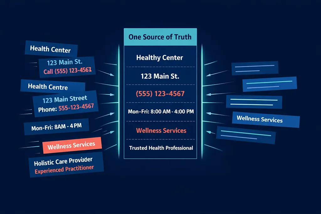 Visual showing scattered practice details consolidated into one source of truth, emphasizing consistency before optimizing a Google Business Profile.