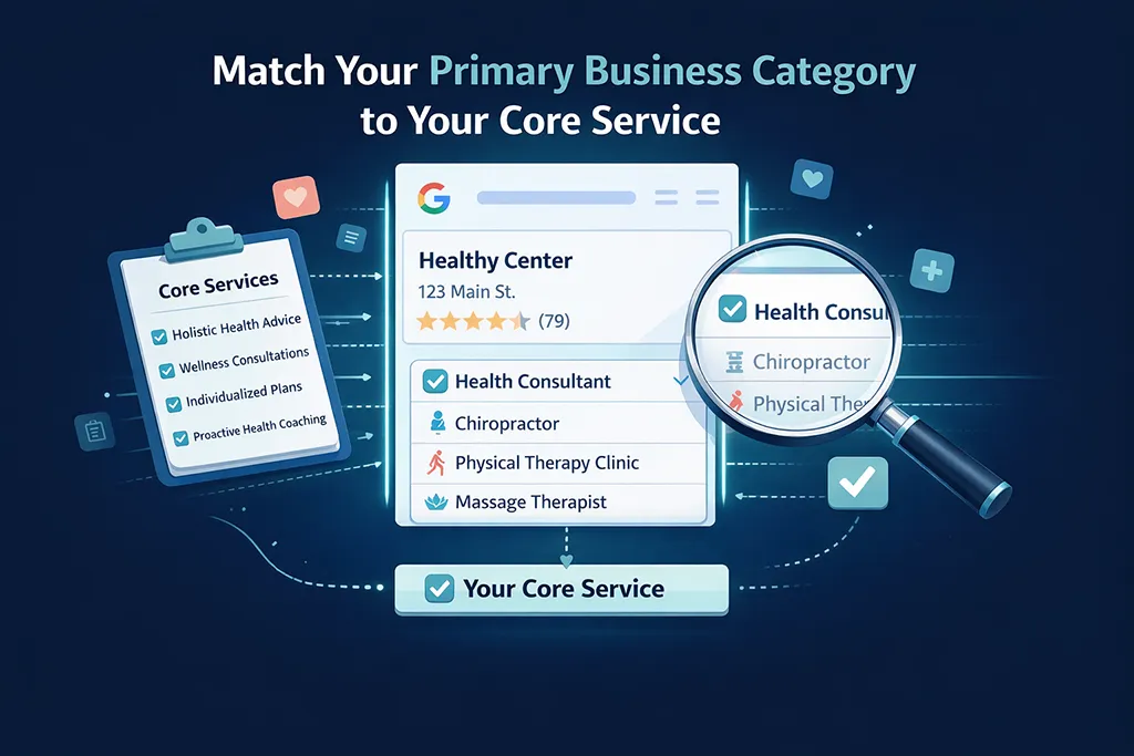 Illustration showing how choosing the correct primary business category should align with a healthcare practice’s core service.