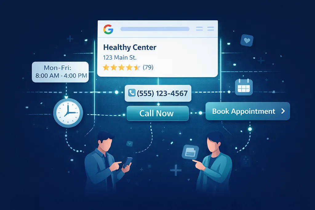 Graphic demonstrating how complete Google Business Profile contact details (hours, phone, and booking), make it easier for local patients to book or call.