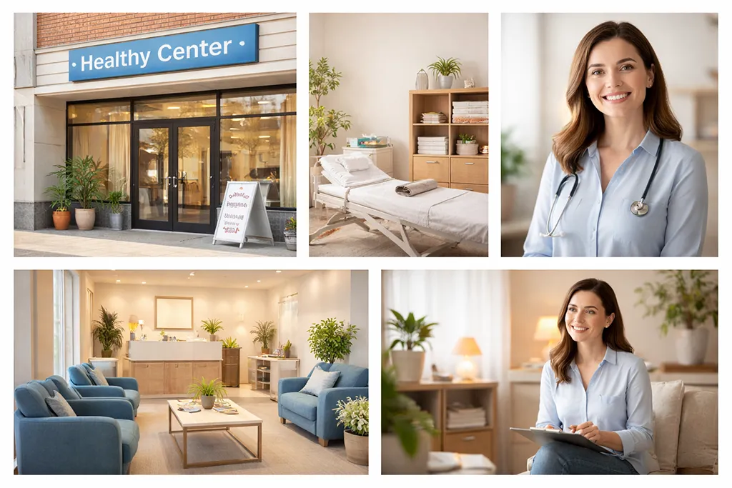 Collage showing essential Google Business Profile photos for a solo healthcare practice, including the exterior entrance, treatment room, waiting area, friendly headshot, and an in-room atmosphere photo.
