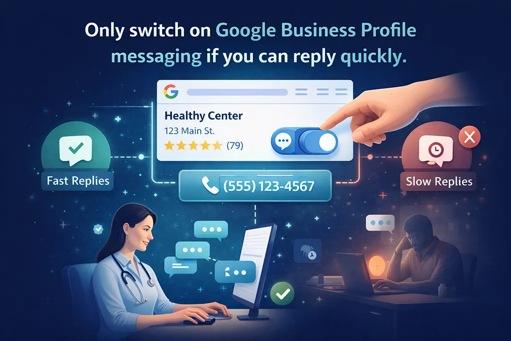 Illustration showing that Google Business Profile messaging should only be enabled if a healthcare practice can respond quickly, highlighting the impact of fast versus slow replies.