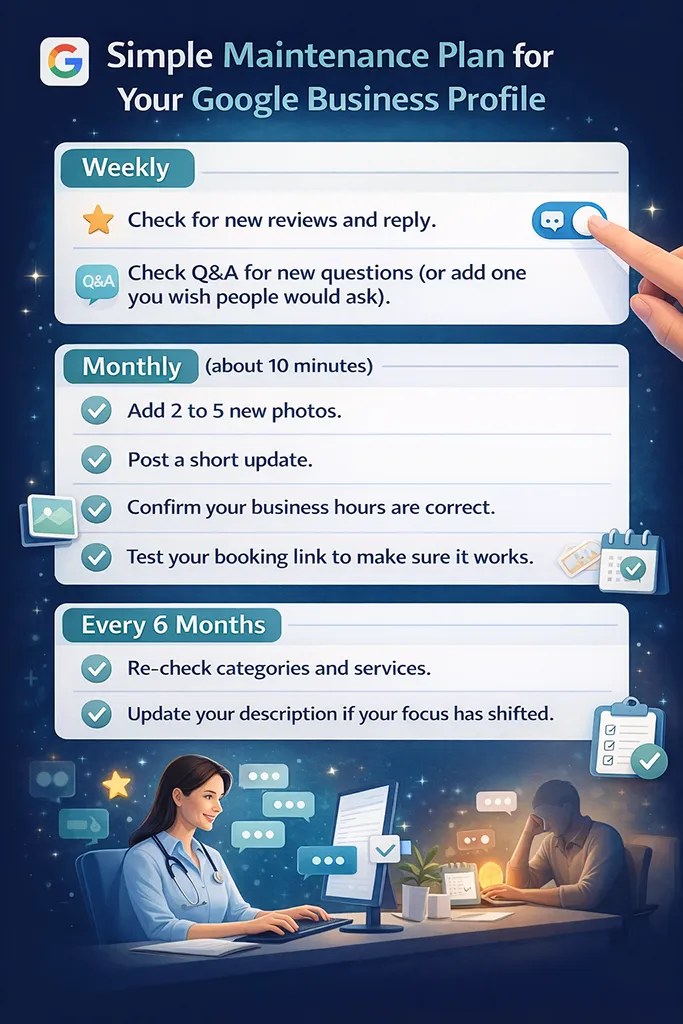 Infographic outlining a simple Google Business Profile maintenance plan with weekly, monthly, and six-month tasks to keep a healthcare practice profile accurate and up to date.