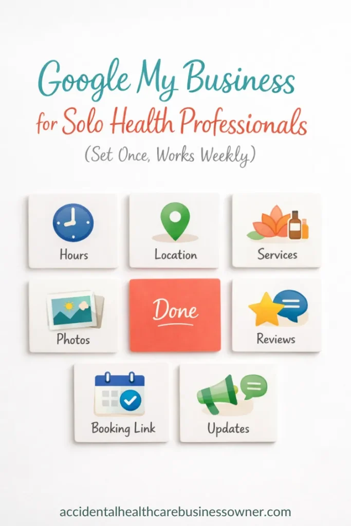 Seven small cards arranged in a grid, each with a single icon (hours, location, services, photos, reviews, booking link, updates). One central card says “Done”. Text says: Google My Business for Solo Health Professionals (Set Once, Works Weekly)