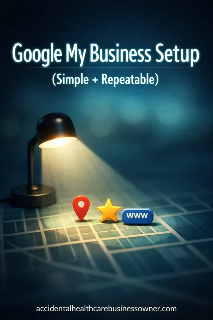 A small desk lamp on a simple map grid. Within the light cone are small icons of a pin, star and website button shape. Text says: Google My Business Setup (Simple + Repeatable)