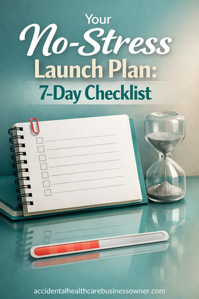 An open notebook with a simple 7-line checklist, a small hourglass (gentle urgency, not pressure), and a progress bar graphic. Text says: Your No-Stress Launch Plan: 7-Day Checklist