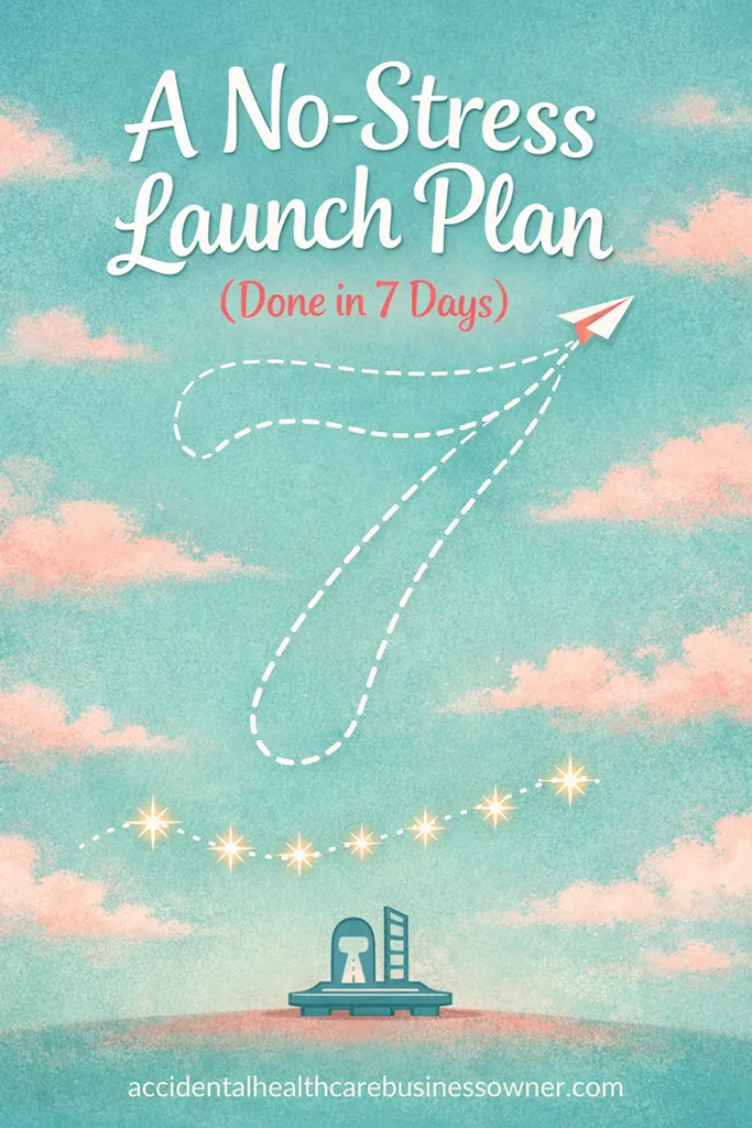 A paper-plane trail forming a gentle number “7” across a soft sky background; below, a tiny simplified “launch pad” icon and seven small starbursts marking steps. Text says: A No-Stress Launch Plan (Done in 7 Days)