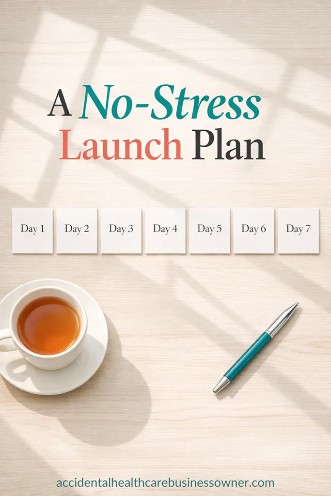 A pale wood desk: seven minimal cards arranged in a neat row labeled Day 1–Day 7, a cup of tea, and a single pen. Text says: A No-Stress Launch Plan