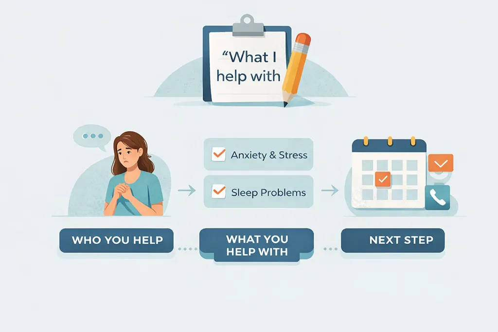 Infographic showing how to write a simple “what I help with” statement by identifying who you help, what you help with, and the next step for clients.