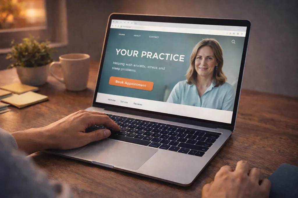 Person working at a laptop displaying a simple practice website with clear information and a booking option, representing creating one basic online presence.