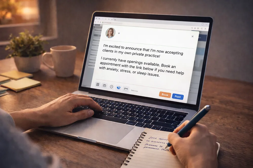 Laptop screen showing a short announcement script about opening a private practice.