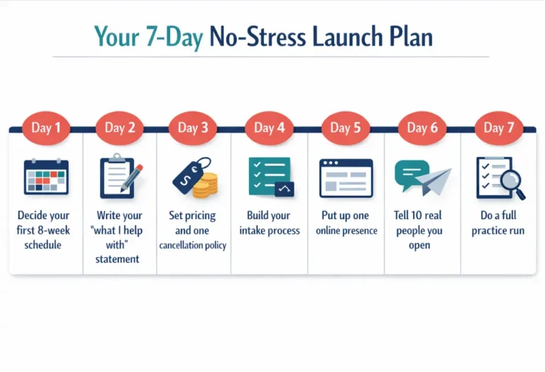 Vertical infographic outlining a seven-day launch plan for starting a private practice, with one clear task assigned to each day.