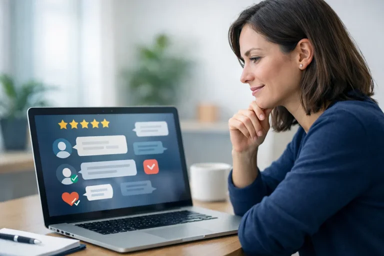 Healthcare practice owner viewing patient reviews and star ratings on a laptop, demonstrating authentic online reputation management for solo health practitioners.