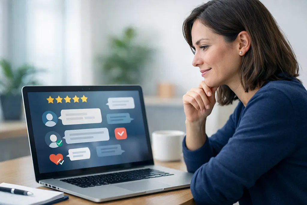 Healthcare practice owner viewing patient reviews and star ratings on a laptop, demonstrating authentic online reputation management for solo health practitioners.