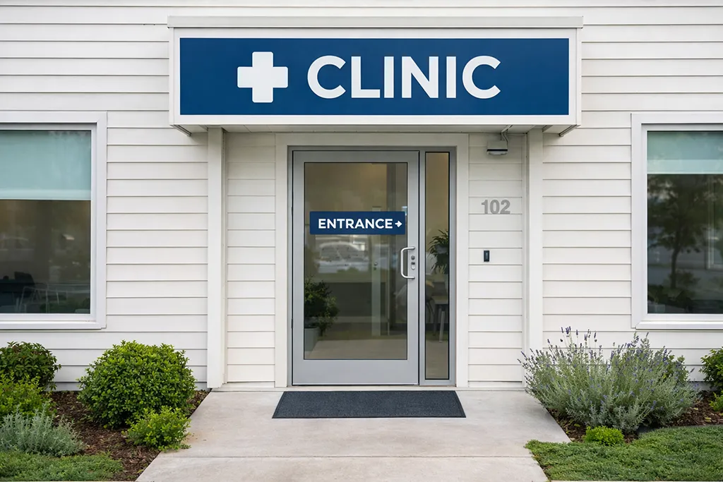 Healthcare clinic exterior with clear entrance signage, illustrating how professional exterior photos improve patient experience and online reputation.