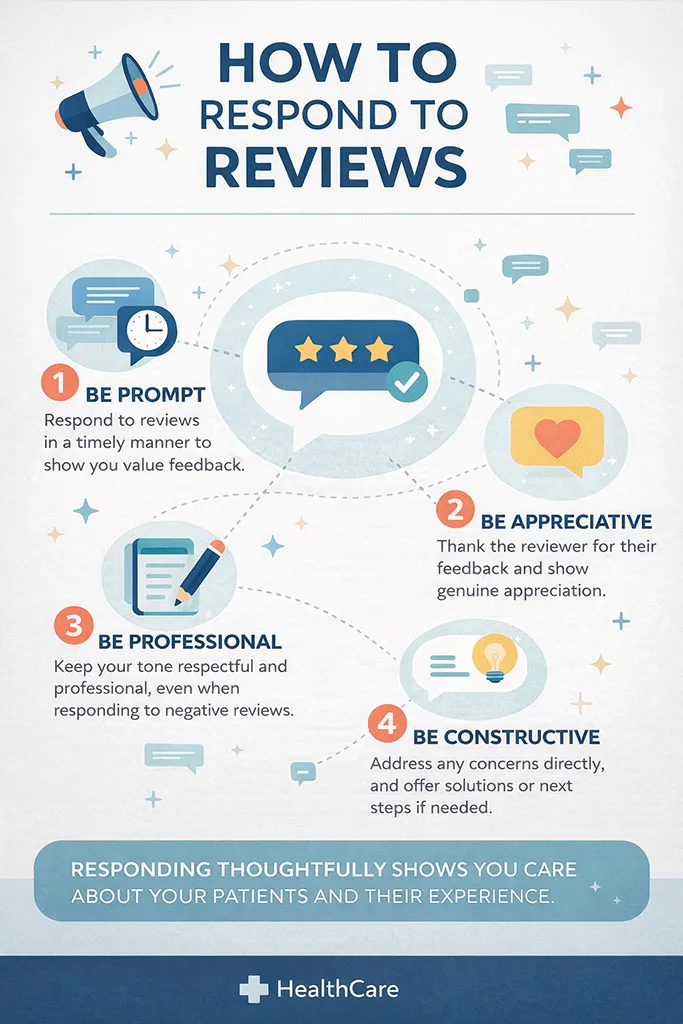 Infographic explaining how to respond to online reviews for healthcare practices, with steps for timely, professional, and thoughtful review responses.