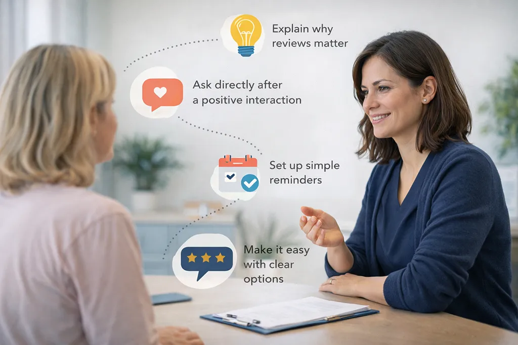 Image showing a health practitioner and patient with visual steps for requesting reviews ethically, such as asking after positive interactions and making it easy to leave feedback.