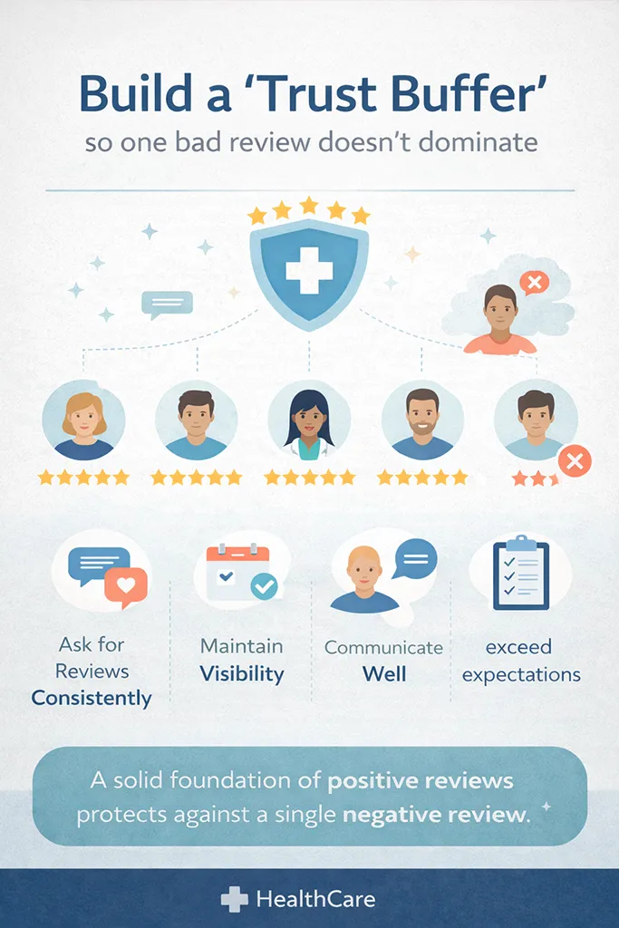 Online reputation management infographic explaining how healthcare practitioners can build a trust buffer through consistent reviews, clear communication, and patient trust.