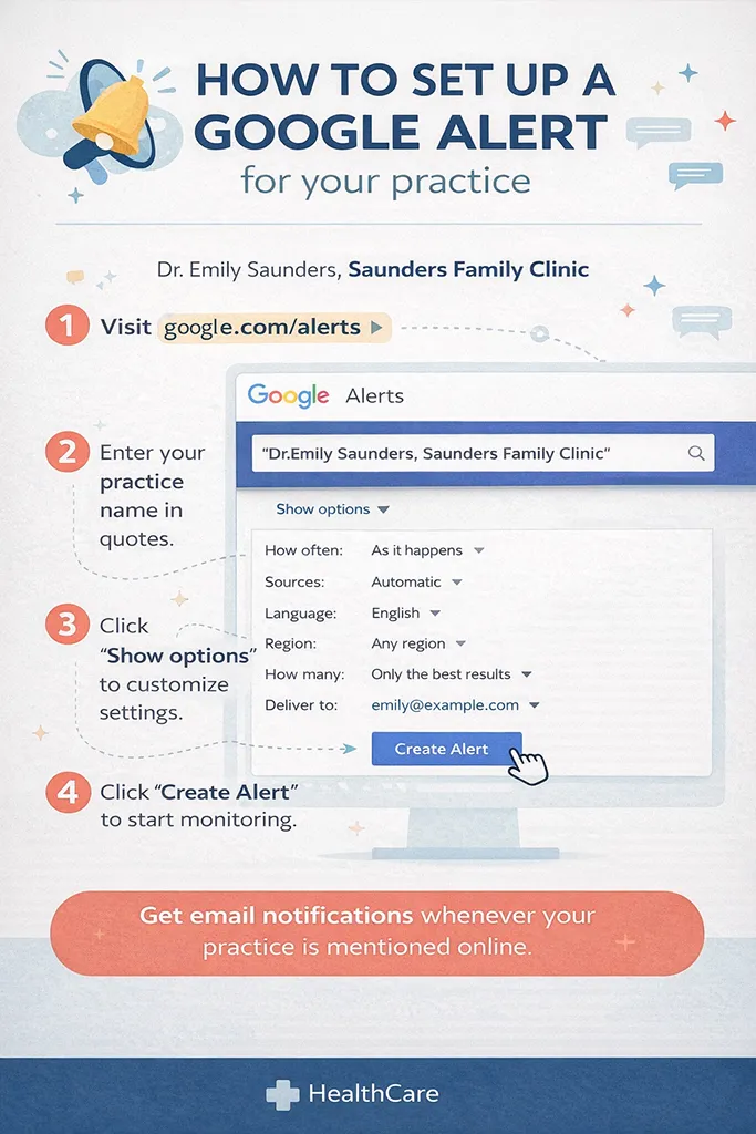 Step-by-step infographic explaining how to set up a Google Alert for a healthcare practice to track online reviews and brand mentions.