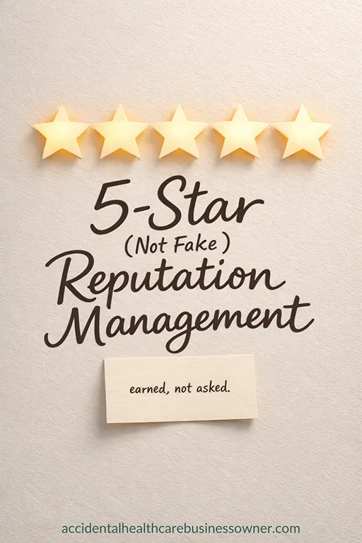 Five glowing stars arranged neatly above a simple handwritten-style note card that says “earned, not asked”. Main text says: 5-Star (Not Fake) Reputation Management