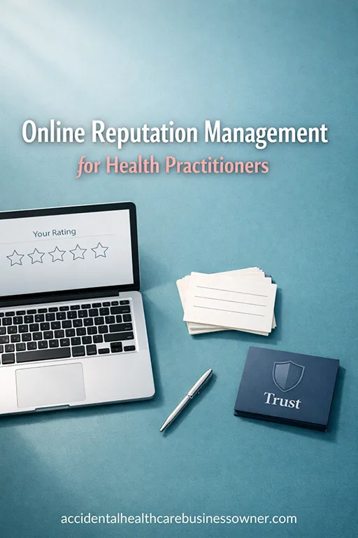 A laptop showing a simple ratings panel (five outlined stars), a small stack of review cards with short blank lines, and a subtle shield icon embossed on a card labeled “Trust.” Text says: Online Reputation Management for Health Practitioners