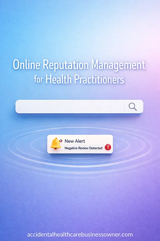 A large minimalist search bar floating on a gradient background, with a small bell icon and an “alert” card beneath it. Text says: Online Reputation Management for Health Practitioners