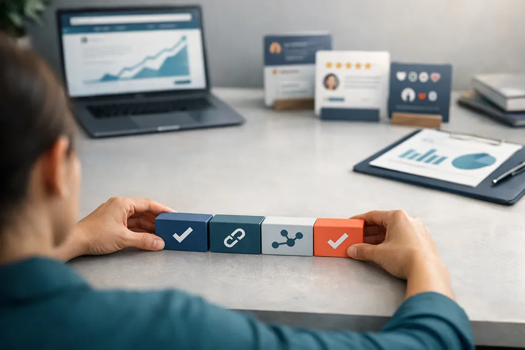 Solo healthcare professional aligning foundational systems on a desk, symbolizing setting up accurate review links and background processes before focusing on business growth.