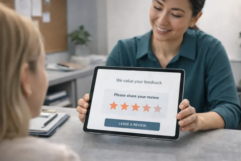 Healthcare provider asking for client feedback using a simple digital review request.