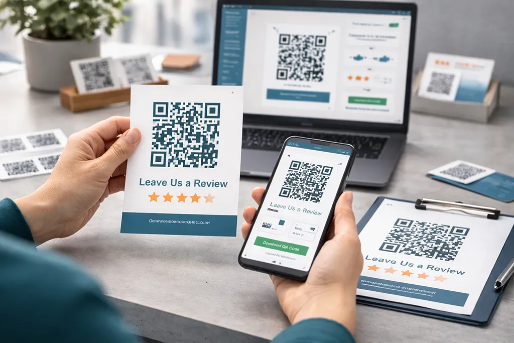 Solo healthcare professional setting up a QR code review system to make it easy for clients to leave online reviews.